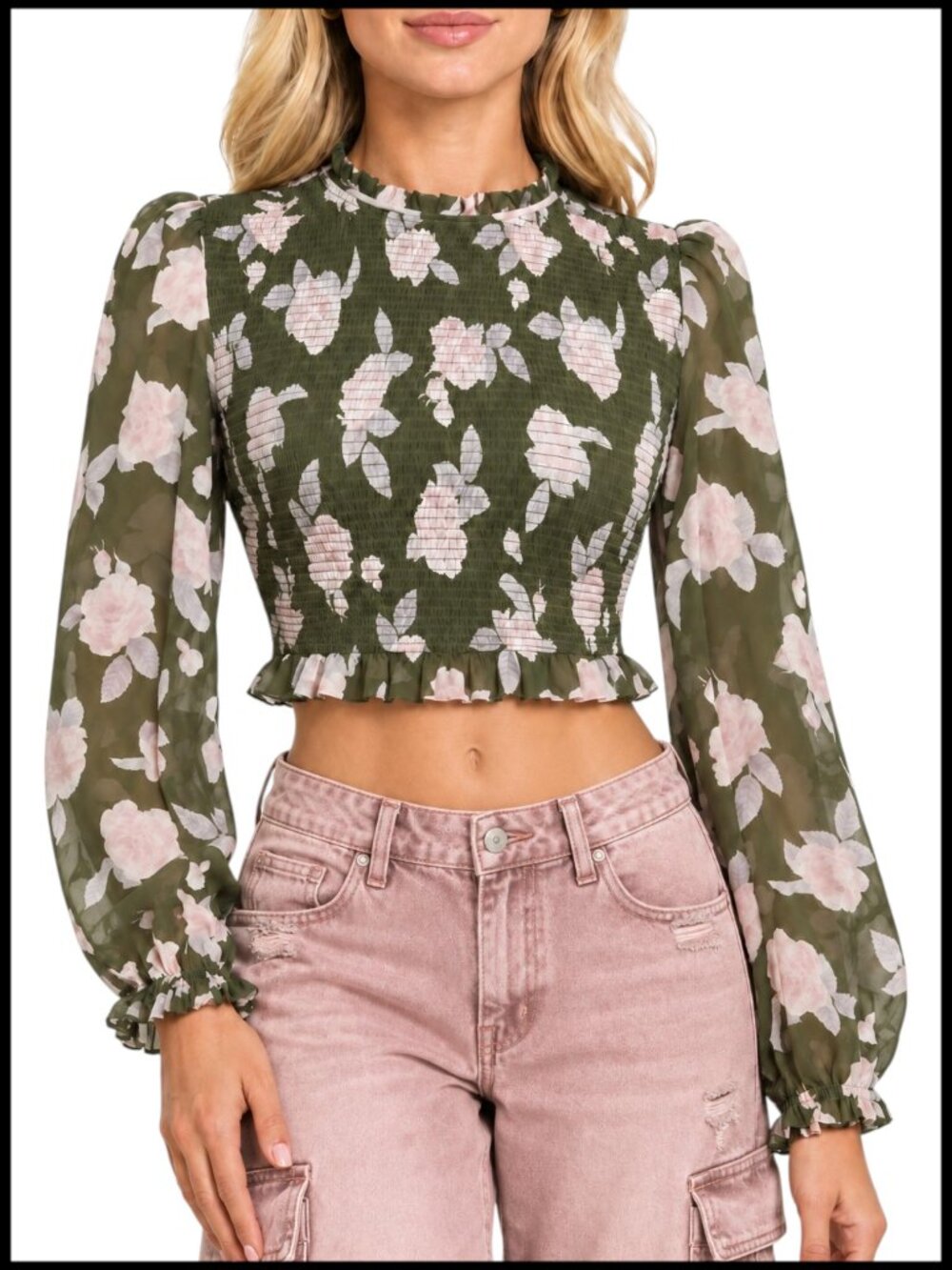 Aritzia Wilfred Tempest Blouse Olive Green Pink Floral Smocked XS